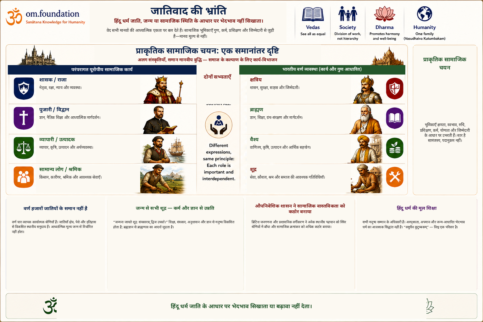यूरोप के पारंपरिक सामाजिक कार्यों और भारतीय वर्ण भूमिकाओं की तुलना, जिसमें गुण, कर्म, प्रशिक्षण, जिम्मेदारी, समान गरिमा और जातिगत भेदभाव के निषेध पर बल है
